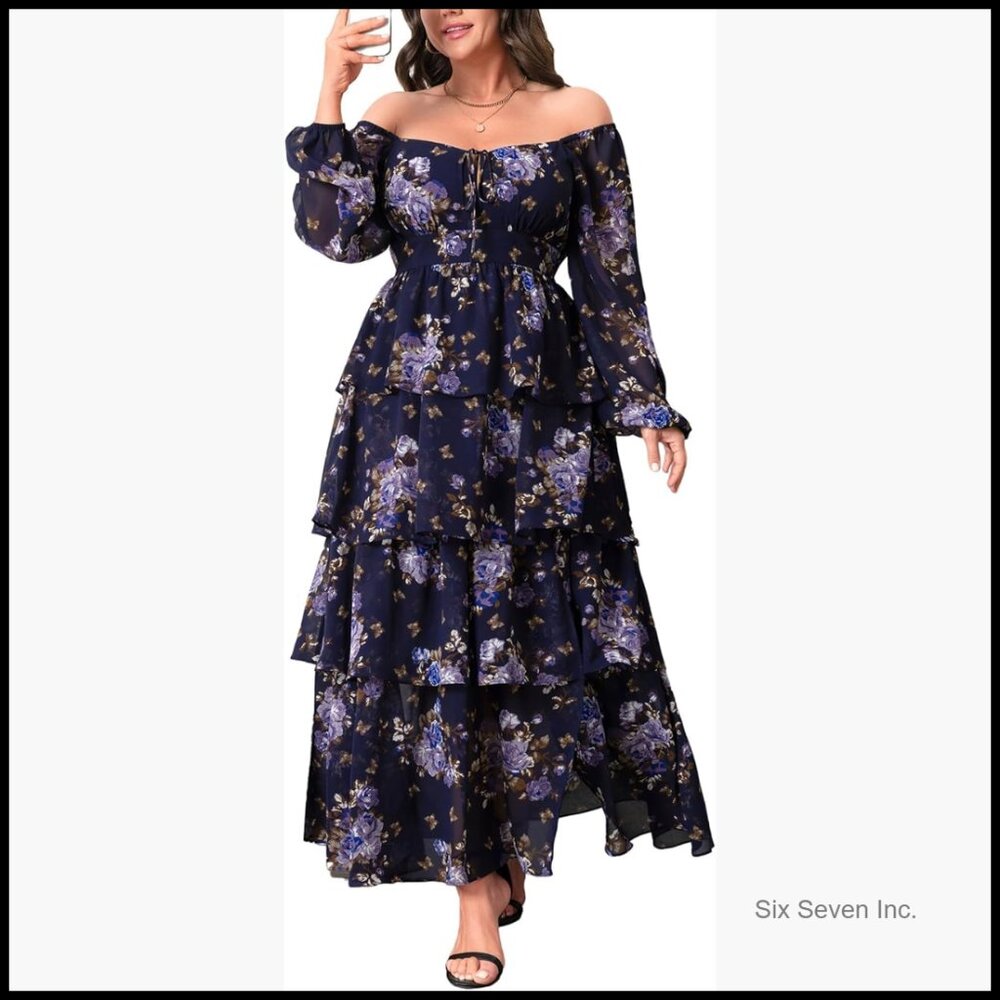 Plus Size Floral Tiered Ruffle Long Sleeve Formal Dress